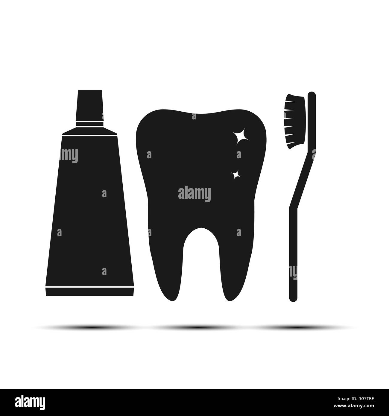 Silhouette toothbrush with tube of toothpaste and a molar, the flat ...
