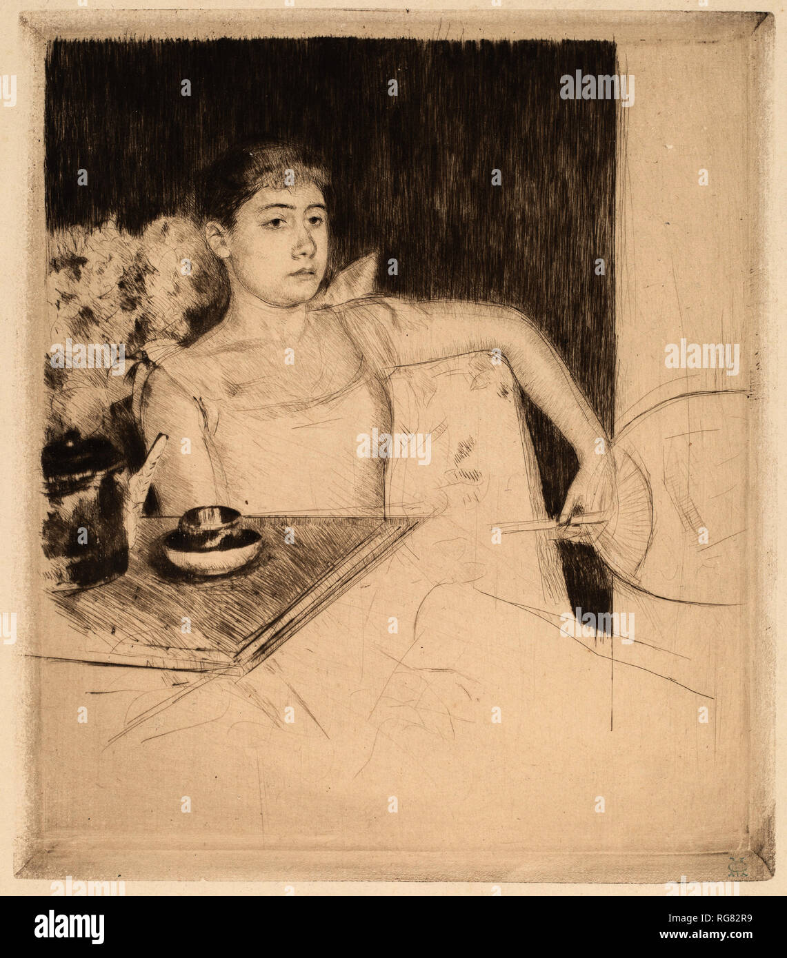 Tea. Dated: c. 1890. Dimensions: plate: 17.7 x 15.5 cm (6 15/16 x 6 1/8 in.)  sheet: 30.5 × 23.8 cm (12 × 9 3/8 in.). Medium: drypoint in black. Museum: National Gallery of Art, Washington DC. Author: Mary Cassatt. Stock Photo