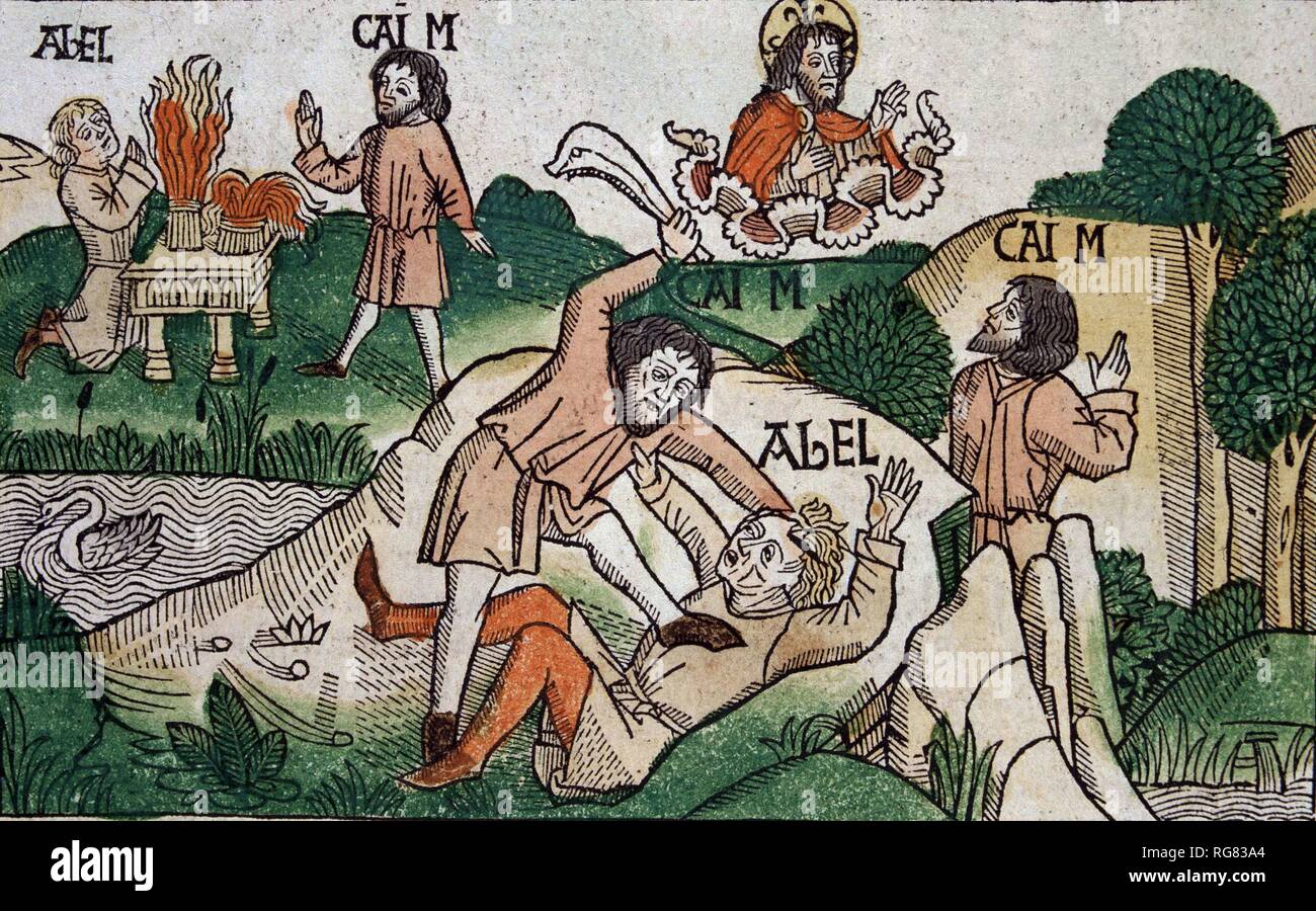CAIN Y ABEL PERSONAJES BIBLICOS. HIJOS DE ADAN Y EVA " CAIN Y ABEL " ILUSTRACION DE LA BIBLIA DE NUREMBERG. ALEMANIA 1483. Stock Photo