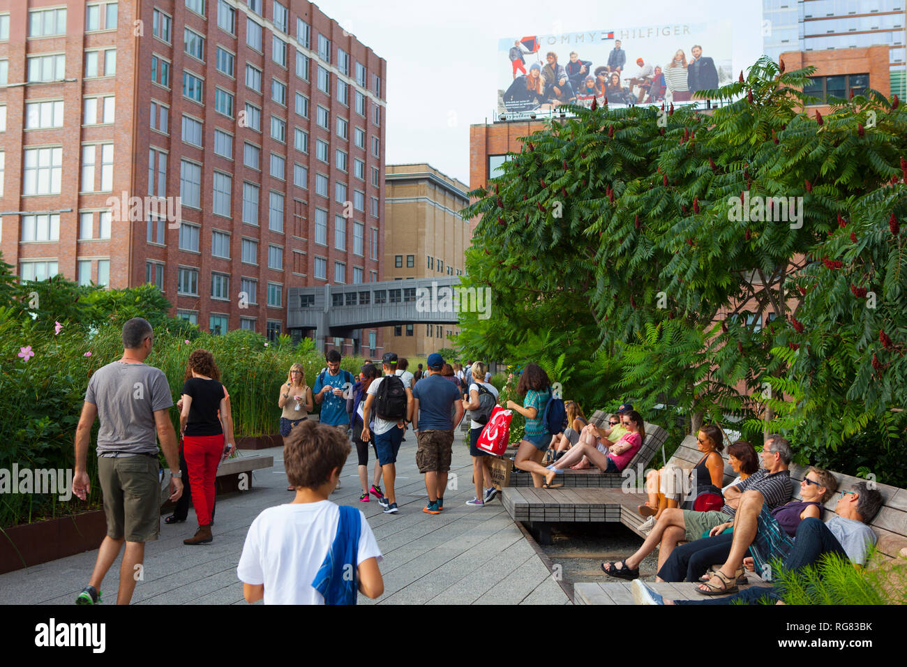The High Line is a 2.33 km elevated linear park, greenway and rail trail following the path of railway on Manhattan’s West Side in New York City. Stock Photo