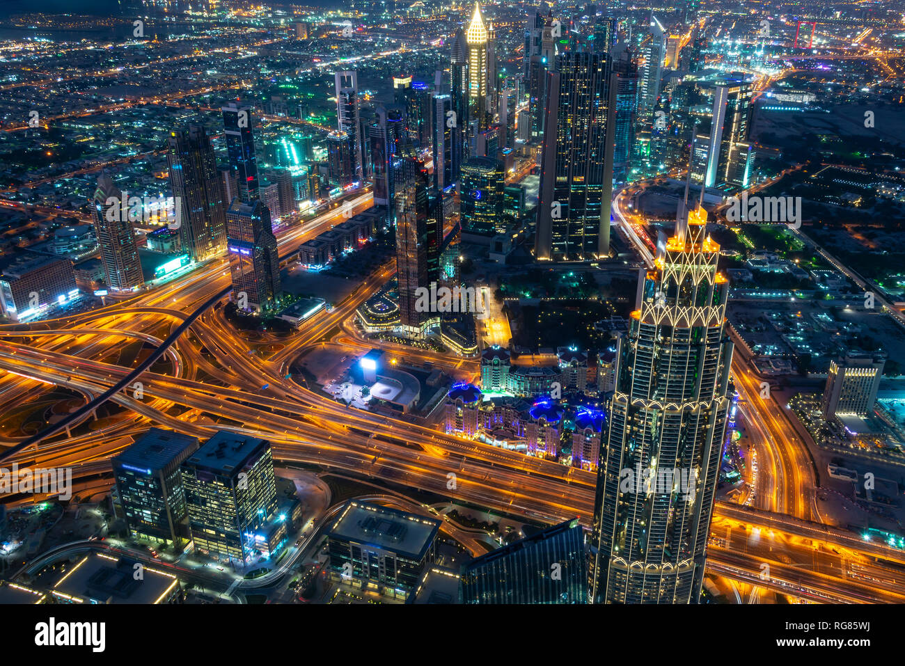 Aerial view of Dubai at night, United Arab Emirates Stock Photo