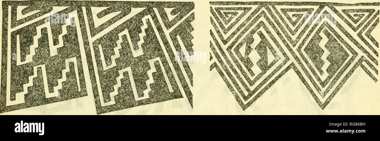 . Bulletin - United States National Museum. Science. Fig. 95.—Bird terrace design from a tash FROM BLDE. Fig. 96.—Design from a vase fkom TuLAKOSA River. design lies in the bird symbol in the pendent triangles occurring in several of the illustrations. Attention is called to an obvious error in the position of one of the bird symbols on the right of the design and also a curious diversity in the drawing of the gra- dines in tlie lower zig- zag. (From a vase from the Tularosa River, New Mexico. Collected by E. W. Nelson, Cat. No.. 115829, U.S.N.M.) Figure 98 is from the border around the neck o Stock Photo