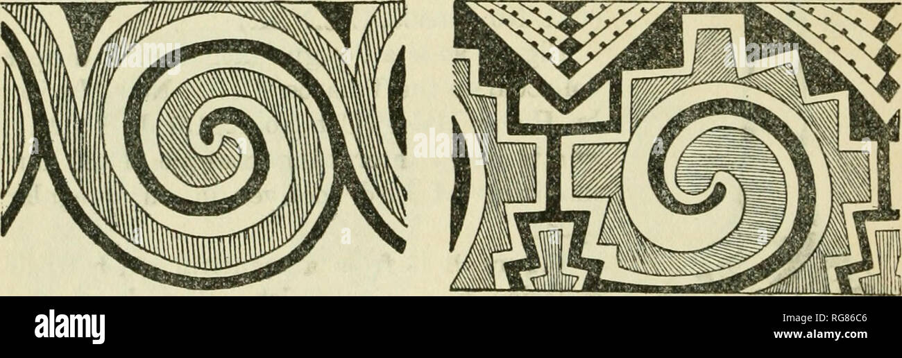 . Bulletin - United States National Museum. Science. Fig. 91.—Design from a red bowl from Apache Creek. Figure 93, bird design, interpreted in cloud and rain forms, in solid black and gradined figures (dual treatment). The triangular figures above are feathers (wings). It is probable that the idea here is a combination of the bird and feathered serpent, the latter being represented by the black element of the volutes. (From a vase. Blue, Arizona, Cat. No. 245518, U.S.N.M.). Fig. 92.—Bird design from a bowl FKOM Blue. Fig, 93.—Bird design from a vase from Blue. Figure 94 is a more complicated d Stock Photo