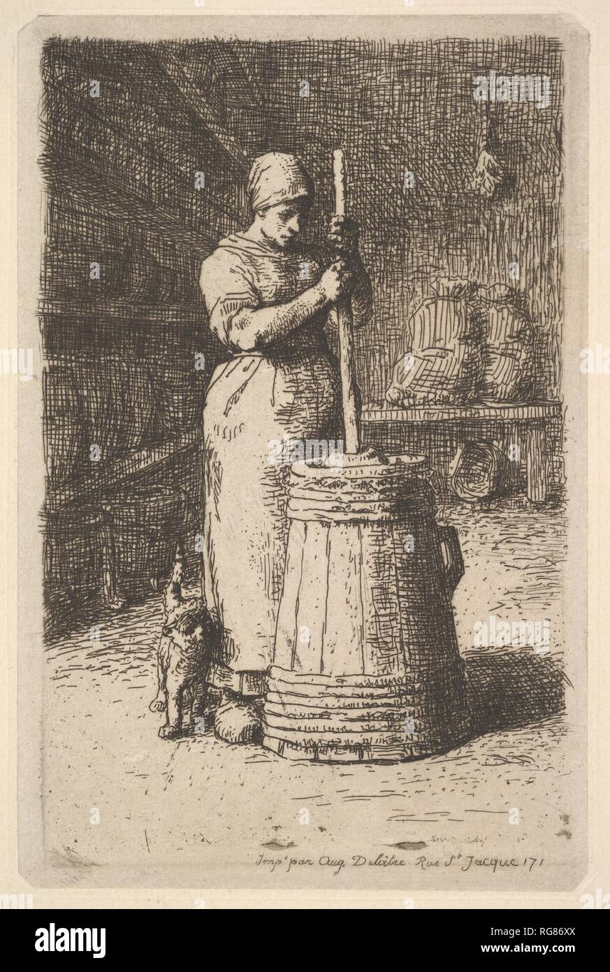 Woman Churning Butter. Artist: Jean-François Millet (French, Gruchy 1814-1875 Barbizon). Dimensions: plate: 7 3/16 x 4 3/4 in. (18.2 x 12 cm)  sheet: 12 5/8 x 9 3/4 in. (32.1 x 24.8 cm). Date: 1855-56. Museum: Metropolitan Museum of Art, New York, USA. Stock Photo
