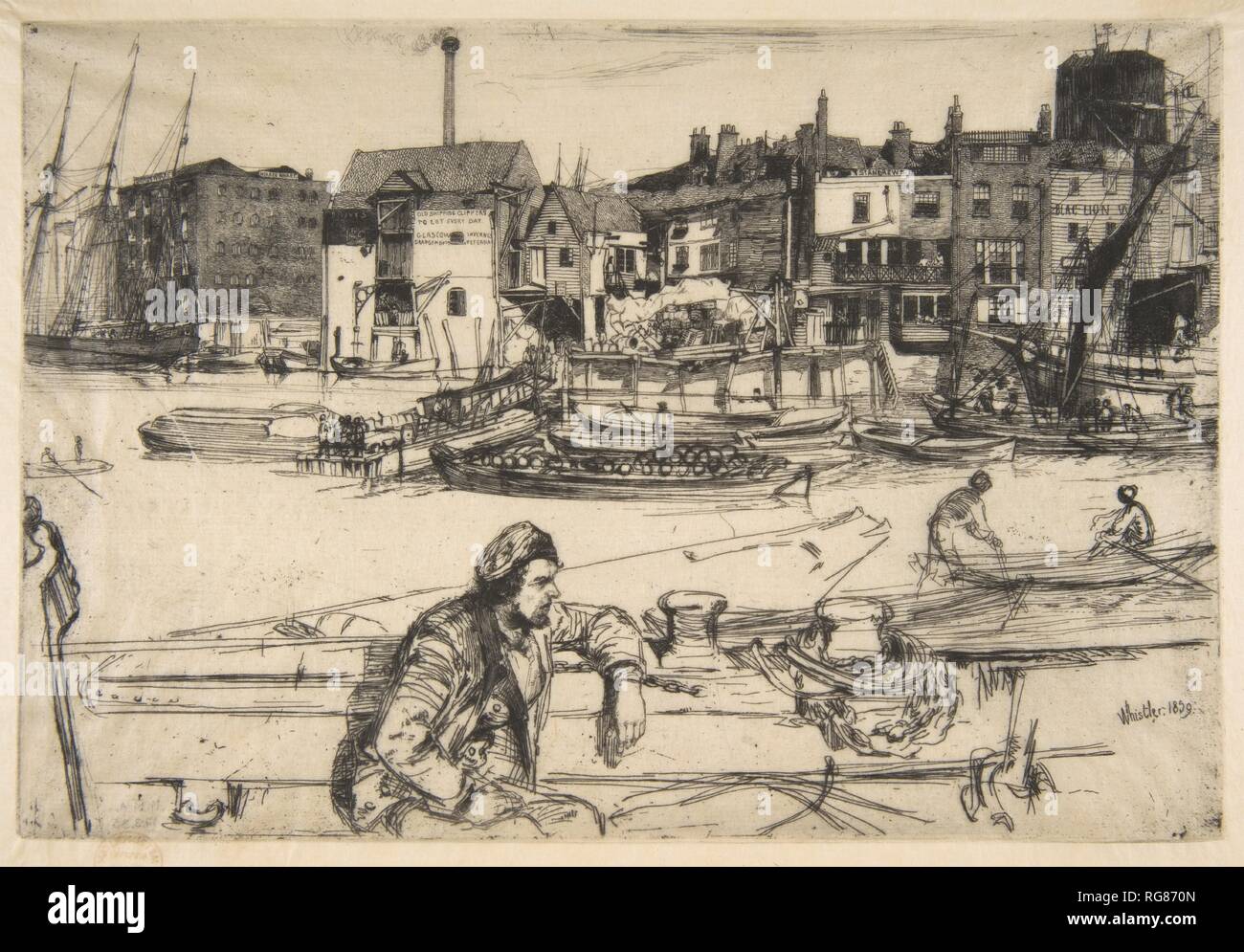 Black Lion Wharf. Artist: James McNeill Whistler (American, Lowell, Massachusetts 1834-1903 London). Dimensions: Plate: 5 7/8 × 8 11/16 in. (15 × 22.1 cm)  Sheet: 7 1/16 × 9 3/4 in. (18 × 24.7 cm). Series/Portfolio: Thames Set ('A Series of Sixteen Etchings of Scenes on the Thames and Other Subjects' 1871). Date: 1859. Museum: Metropolitan Museum of Art, New York, USA. Author: WHISTLER, JAMES ABBOTT MCNEILL. after James McNeill Whistler. Engraved by Carl Hentschel. Stock Photo