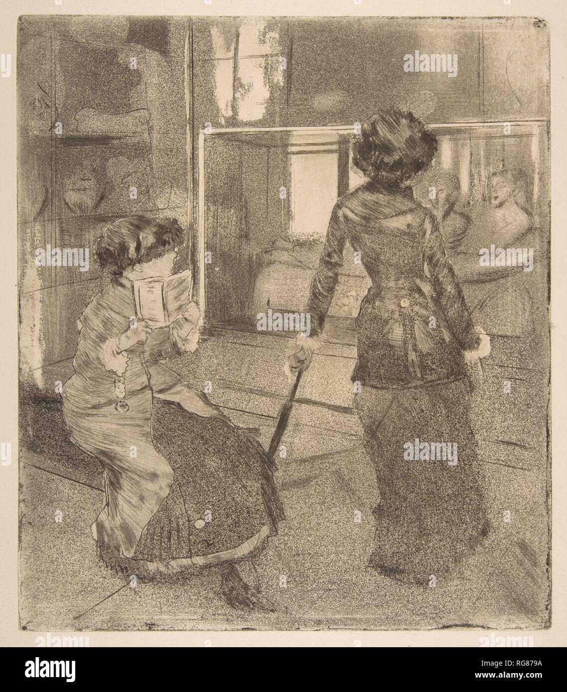 Mary Cassatt at the Louvre: The Etruscan Gallery. Artist: Edgar Degas (French, Paris 1834-1917 Paris). Dimensions: Plate: 10 9/16 x 9 1/8 in. (26.8 x 23.2 cm)  Sheet: 17 x 12 in. (43.2 x 30.5 cm). Sitter: Portrait of Mary Cassatt (American, Pittsburgh, Pennsylvania 1844-1926 Le Mesnil-Théribus, Oise) and her sister, Lydia. Date: 1879-80.  Among the most technically complex of Degas' prints, this view of Mary Cassatt and her sister in the galleries of the Musée du Louvre was intended, like Pissarro's Wooded Landscape at L'Hermitage, Pontoise (21.46.1), to appear in the first issue of the prospe Stock Photo