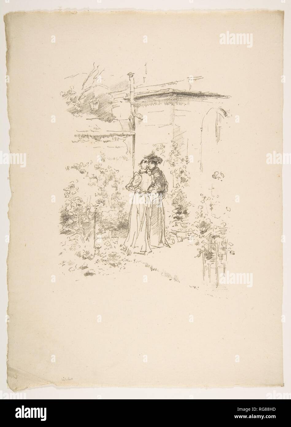 Confidences in the Garden. Artist: James McNeill Whistler (American, Lowell, Massachusetts 1834-1903 London). Dimensions: Image: 8 3/8 × 6 5/16 in. (21.2 × 16 cm)  Sheet: 13 1/8 × 9 11/16 in. (33.3 × 24.6 cm). Date: 1894. Museum: Metropolitan Museum of Art, New York, USA. Stock Photo