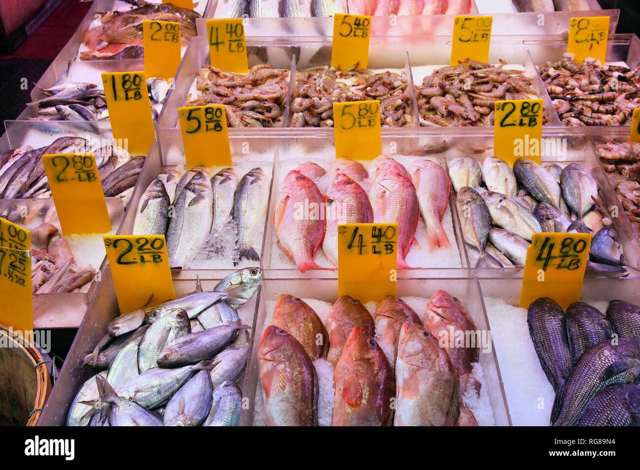 Fish market in Chinatown, Lower Manhattan, New York. Seafood store