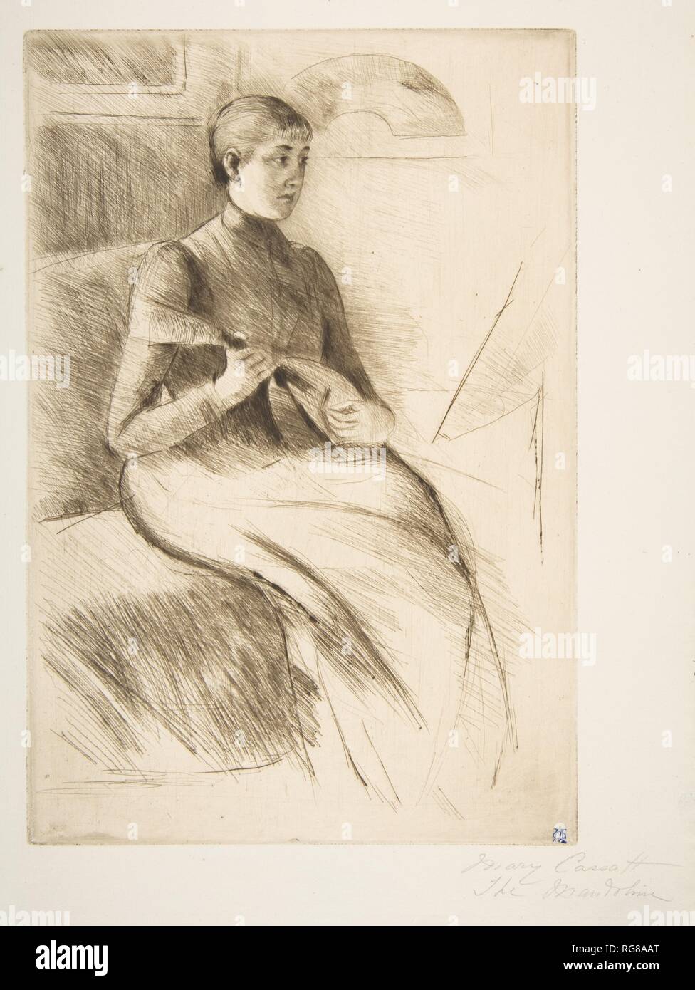 The Mandolin Player. Artist: Mary Cassatt (American, Pittsburgh, Pennsylvania 1844-1926 Le Mesnil-Théribus, Oise). Dimensions: plate: 9 1/8 x 6 3/8 in. (23.2 x 16.2 cm)  sheet: 12 x 9 3/8 in. (30.5 x 23.8 cm). Date: ca. 1889. Museum: Metropolitan Museum of Art, New York, USA. Stock Photo