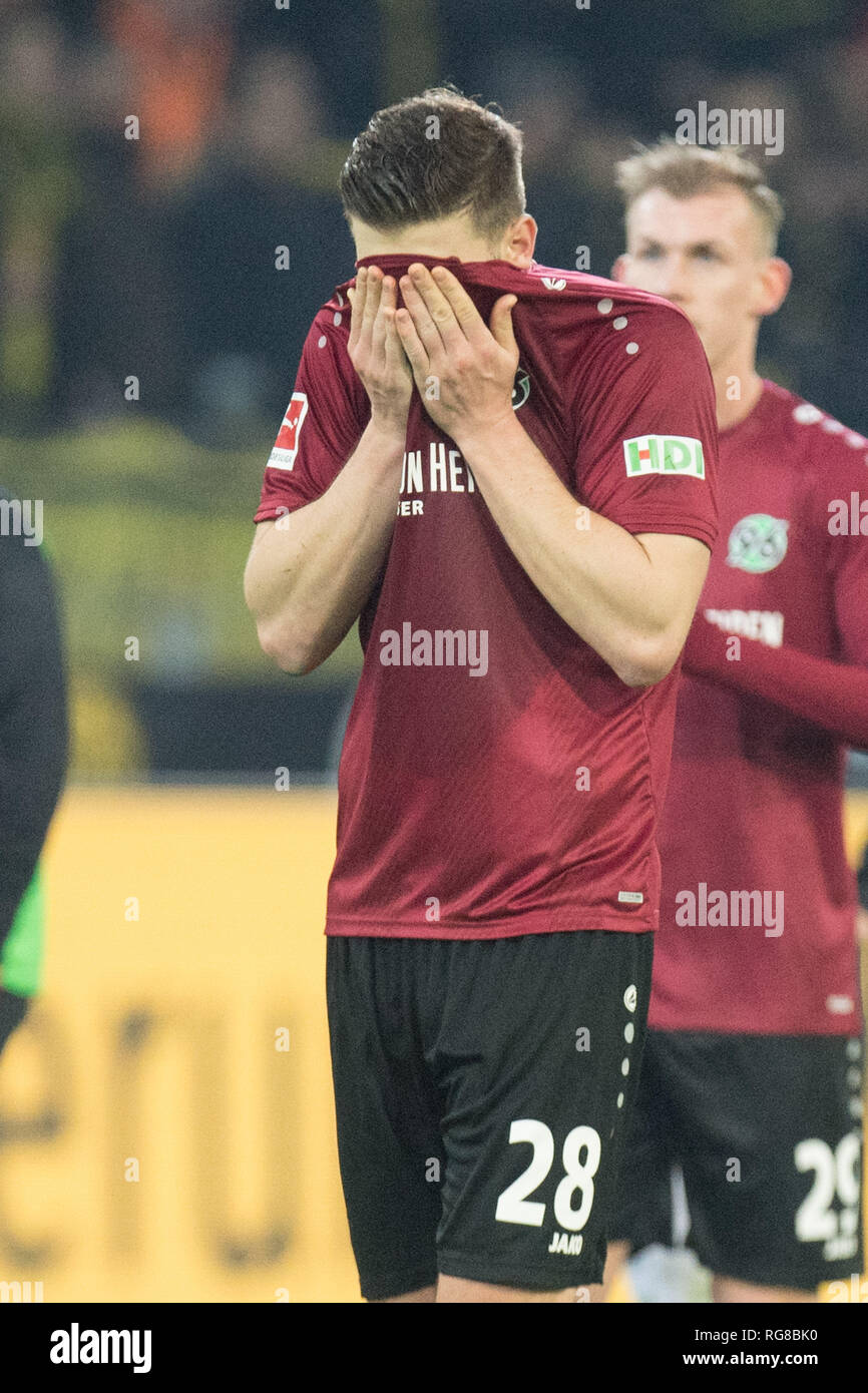 Dortmund, Deutschland. 26th Jan, 2019. Kevin WIMMER (H) holds his jersey in front of his face, frustrated, frustrated, frustrated, disappointed, disappointed, disappointment, disappointment, sad, half figure, half figure, gesture, upright, football 1st Bundesliga, 19th matchday, Borussia Dortmund (DO) - Hanover 96 (H) 5: 1, on 26.01.2019 in Dortmund/Germany. ¬ | usage worldwide Credit: dpa/Alamy Live News Stock Photo