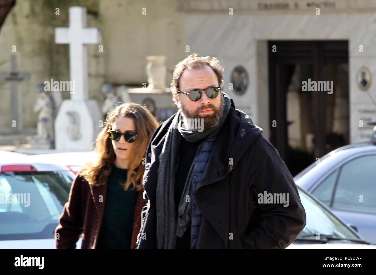 January 28, 2019 - Athens, Greece - Greek director Yorgos Lanthimos with  his wife, French actress Ariane Labed attend at the funeral of his father, Antonis in Athens. Greek filmmaker Yorgos Lanthimos;s ''The Favourite,'' an absurdist period comedy about two cousins courting the favor of Queen Anne in the 18th century England, has received 10 Oscar nominations including Best Picture, Best director and Best supporting actress. (Credit Image: © Aristidis VafeiadakisZUMA Wire) Stock Photo