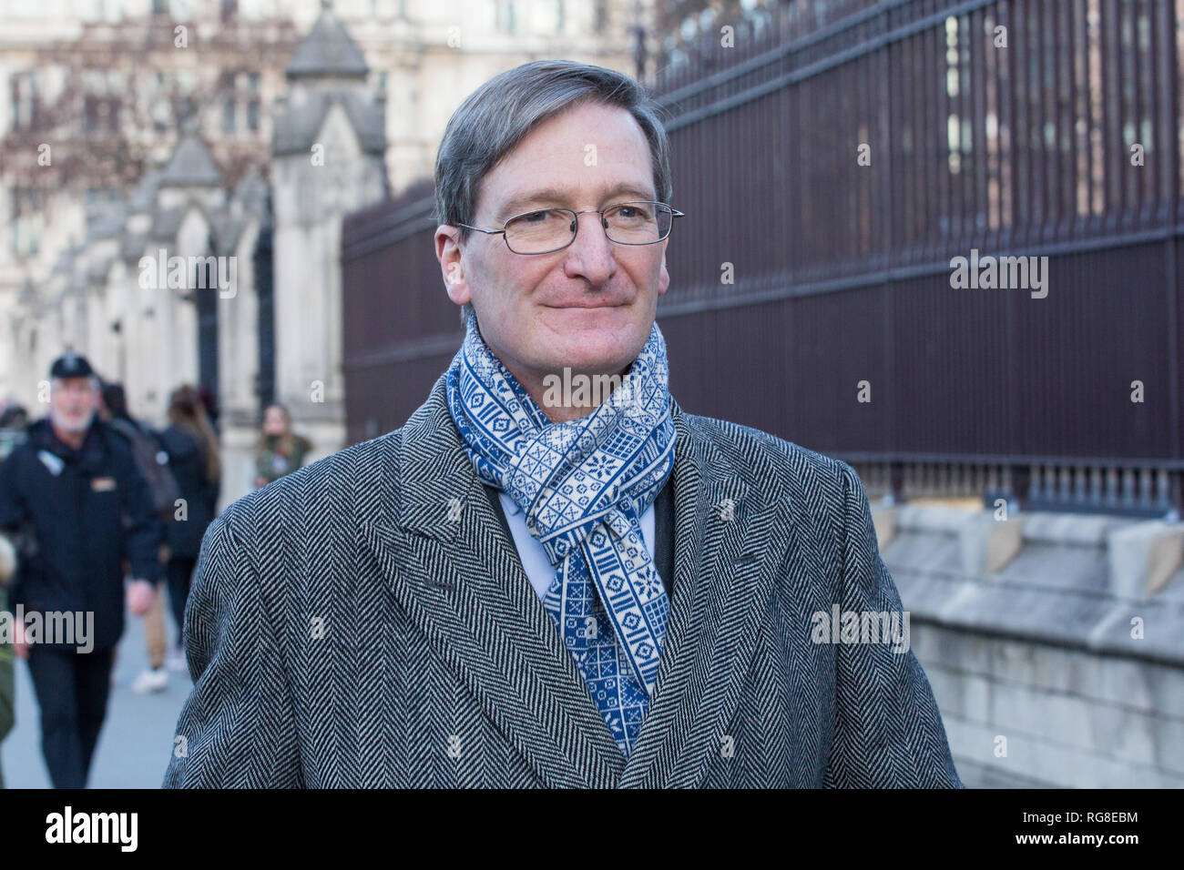 London, UK. 28th Jan, 2019. Dominic Grieve, Conservative MP for Beaconsfield, walks outside parliament on the day before MPs vote on amendments to the Withdrawl Act . Credit: George Cracknell Wright/Alamy Live News Stock Photo