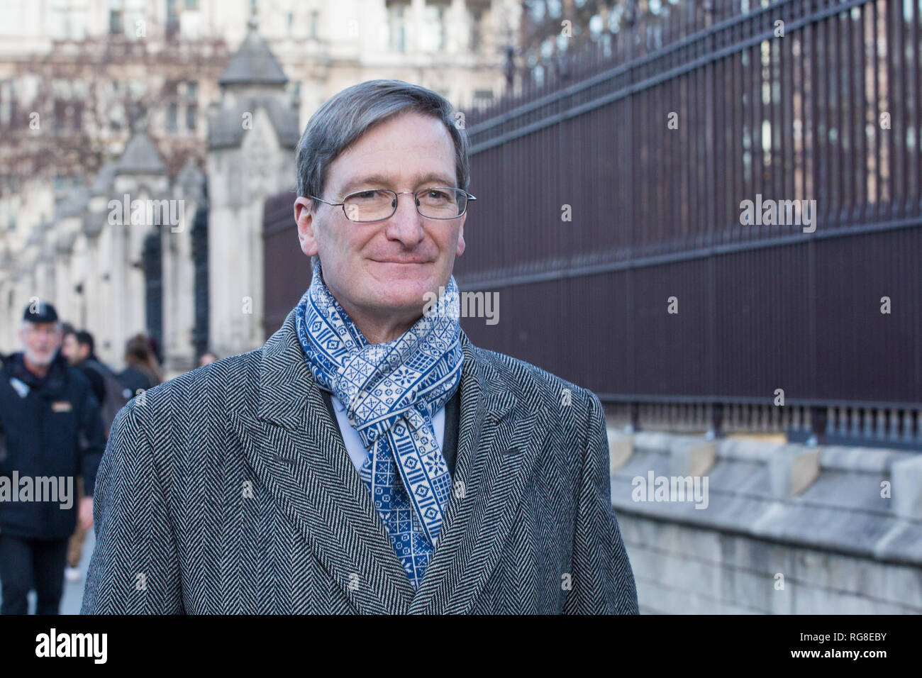 London, UK. 28th Jan, 2019. Dominic Grieve, Conservative MP for Beaconsfield, walks outside parliament on the day before MPs vote on amendments to the Withdrawl Act . Credit: George Cracknell Wright/Alamy Live News Stock Photo