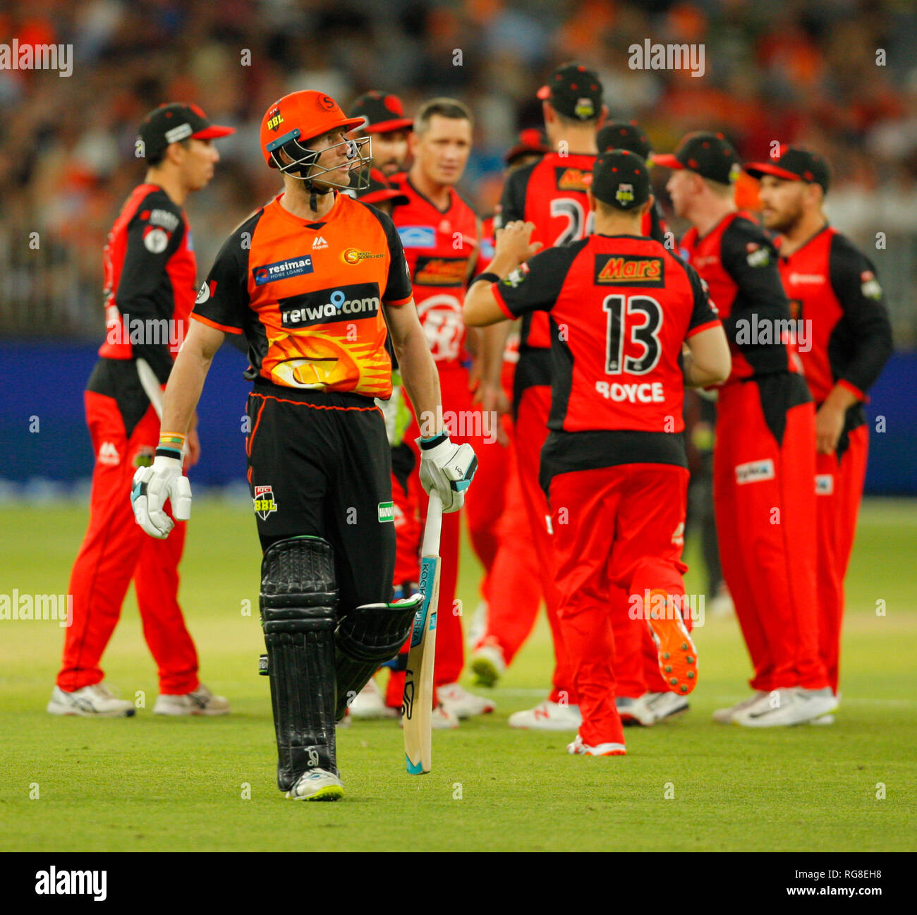Optus Stadium Perth Australia 28th Jan 19 Big Bash League Cricket Perth Scorchers Versus Melbourne Renegades Cameron Bancroft Of The Perth Scorchers Leaves The Field After Being Dismissed By Chris Tremain Of