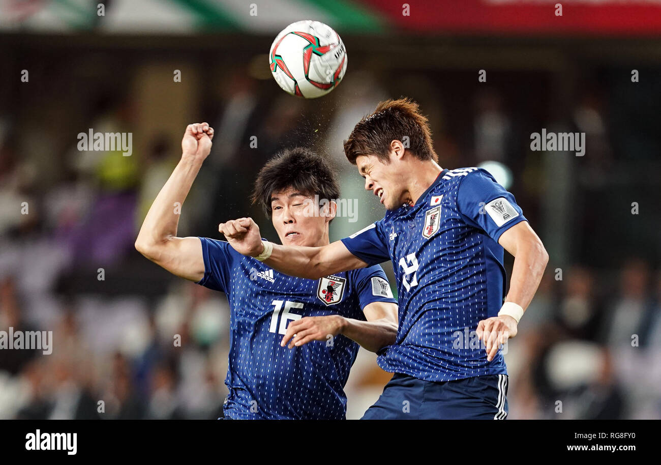 Abu Dhabi, UAE. 28th Jan 2019.  Hiroki Sakai of Japan heading in front of Takehiro Tomiyasu of Japan during Iran v Japan at the Hazza bin Zayed Stadium in Abu Dhabi, United Arab Emirates, AFC Asian Cup, Asian Football championship. Ulrik Pedersen/CSM. Credit: Cal Sport Media/Alamy Live News Stock Photo