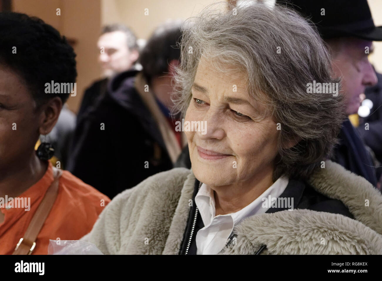 Paris, France. 28th Jan, 2019. Charlotte Rampling actress interviewed by Michel Ciment during the 19th Art and Technique Meetings Paris Cinema - The Dream Industry on January 28, 2019 in Paris, France. Credit: Bernard Menigault/Alamy Live News Stock Photo