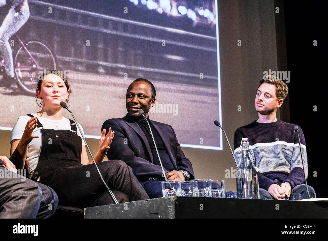 London, UK. 28th Jan, 2019. Mark Kermode, Liv Hill, Cyril Nri and James Gardner on stage at Mark Kermode Live in 3D on Monday 28 January 2019 at BFI Southbank, London. Liv Hill, Cyril Nri and James Gardner talked about their upcoming film Jellyfish. Picture by Credit: Julie Edwards/Alamy Live News Stock Photo