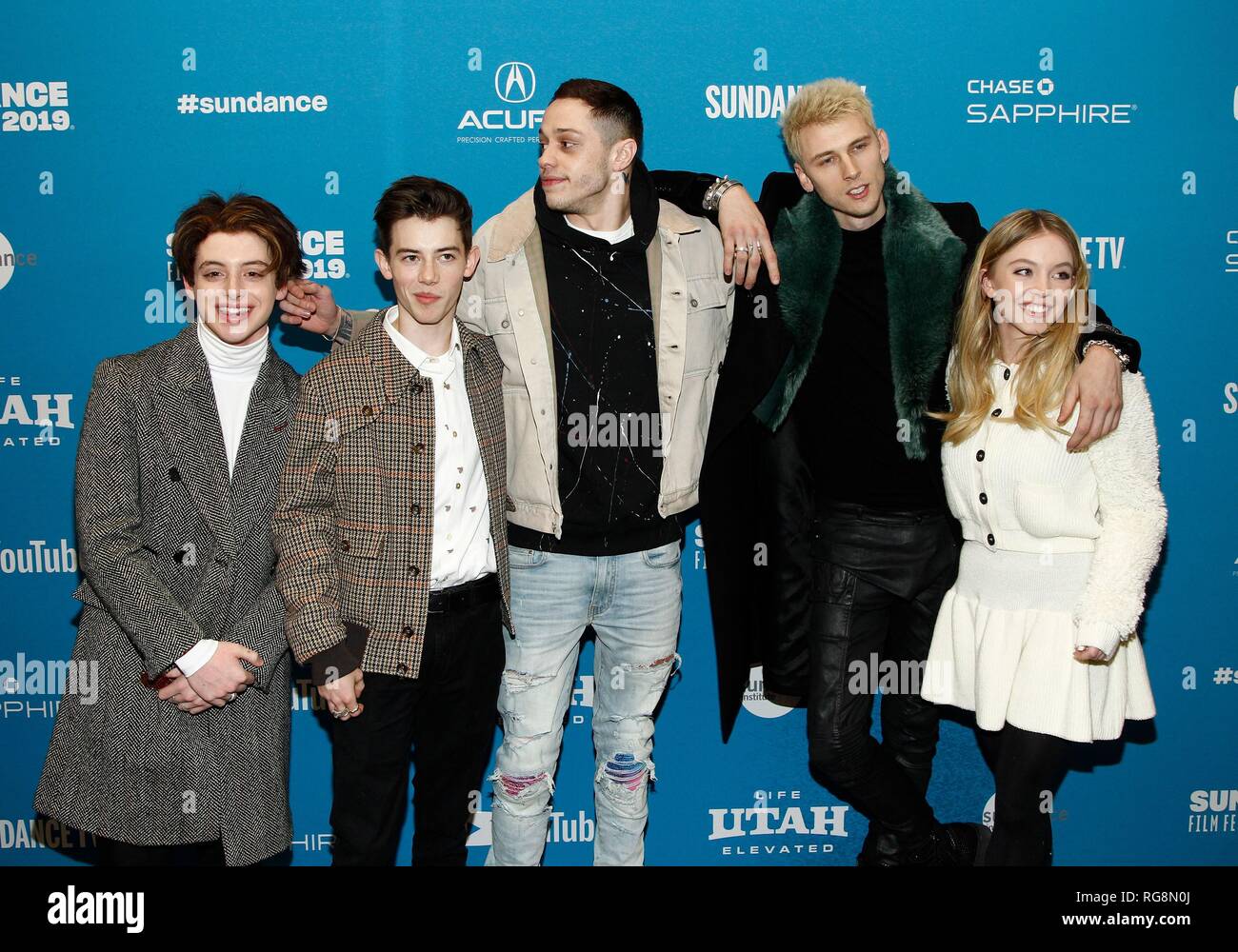 Park City, UT, USA. 28th Jan, 2019. Thomas Barbusca, Griffin Gluck, Pete Davidson, Colson Baker (aka 'Machine Gun Kelly'), Sydney Sweeney at arrivals for BIG TIME ADOLESCENCE Premiere at Sundance Film Festival 2019, George S. and Dolores Eccles Center for the Performing Arts, Park City, UT January 28, 2019. Credit: JA/Everett Collection/Alamy Live News Stock Photo