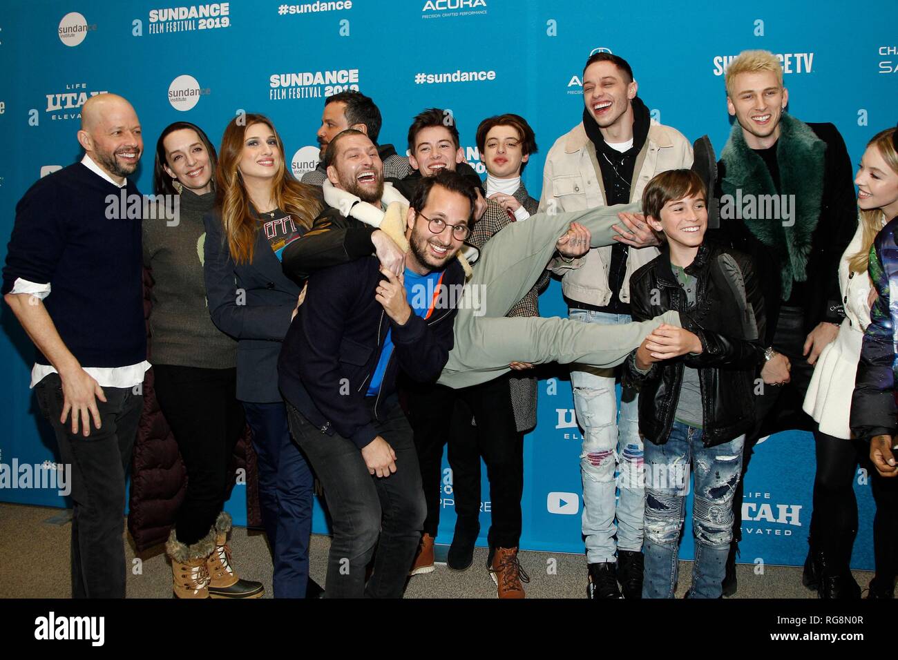 Park City, UT, USA. 28th Jan, 2019. Jon Cryer, Julia Murney, Emily Arlook, Jeremy Garelick, Jason Orley, Joey Gay, Griffin Gluck, Thomas Barbusca, Pete Davidson, Aiden Arthur, Colson Baker (aka 'Machine Gun Kelly'), Sydney Sweeney at arrivals for BIG TIME ADOLESCENCE Premiere at Sundance Film Festival 2019, George S. and Dolores Eccles Center for the Performing Arts, Park City, UT January 28, 2019. Credit: JA/Everett Collection/Alamy Live News Stock Photo