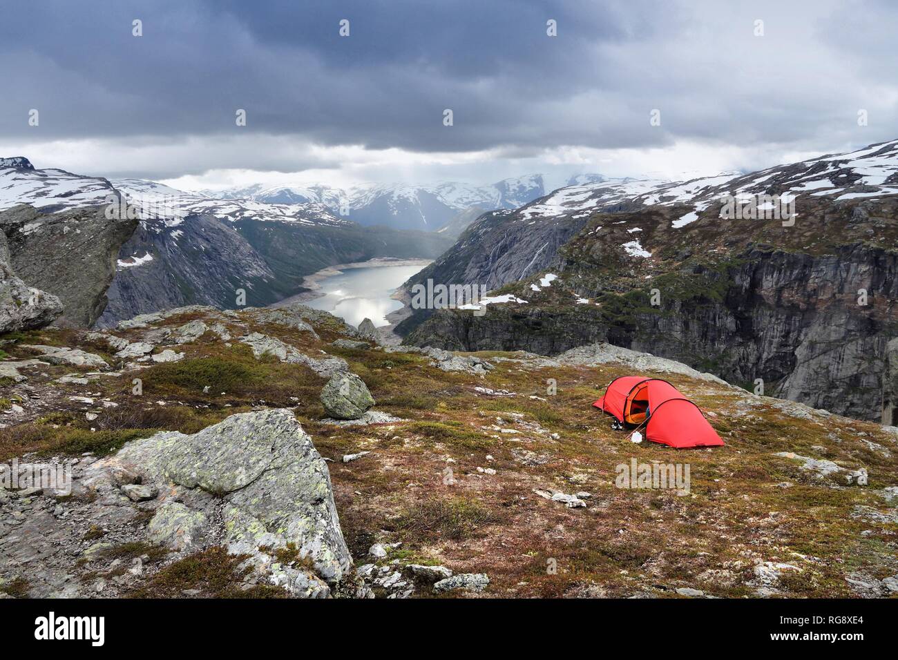 Norway Hiking Trail Camping In A Tent Next To Path To Trolltunga Troll S Tongue Rock In Hordaland County Stock Photo Alamy