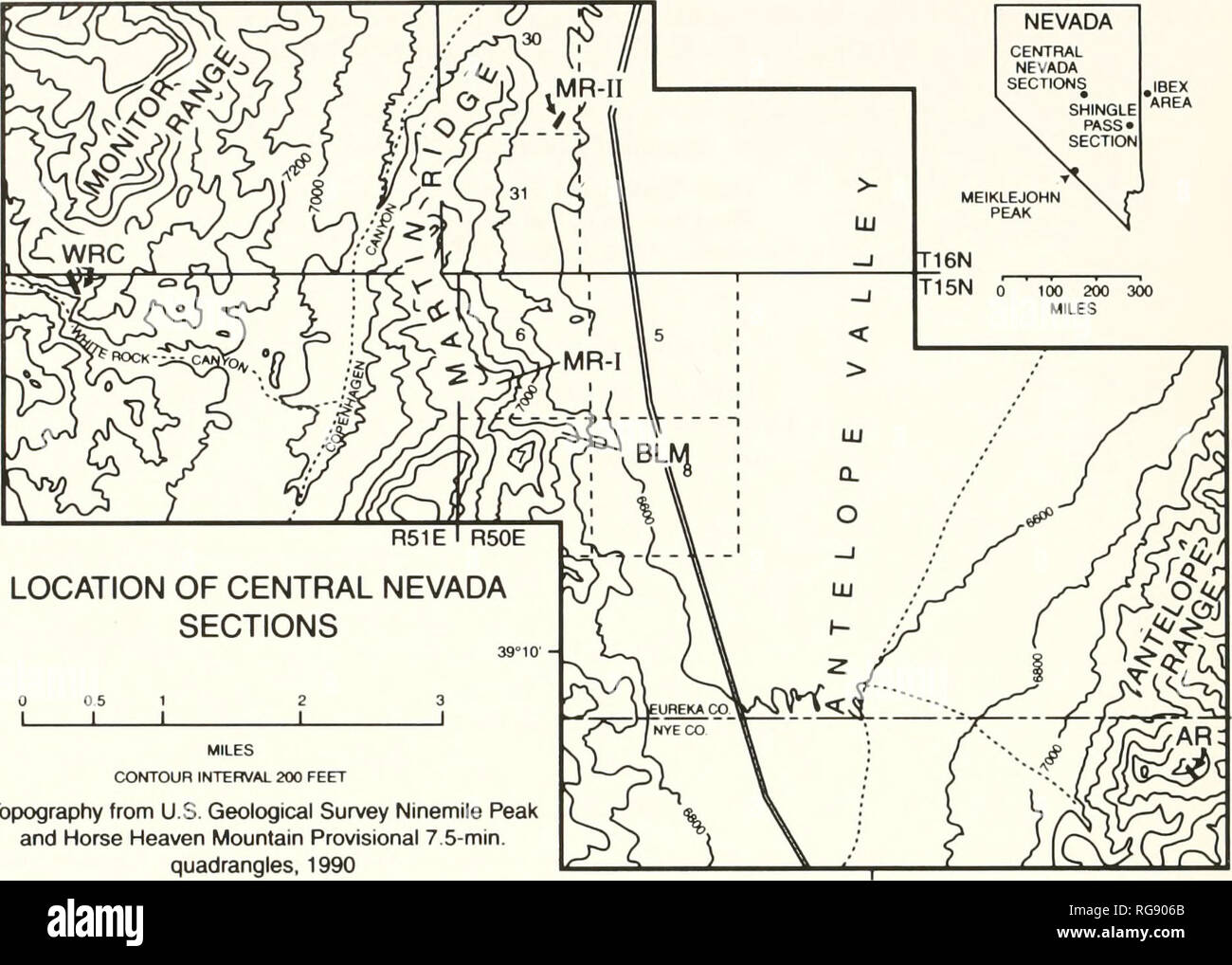 . Bulletins of American paleontology. 36 Bulletin 369 -IBEX AREA. Topography from U.S. Geological Survey Ninemlle Peak and Horse Heaven Mountain Provisional 7.5-min. quadrangles, 1990 116°20' Text-figure .—Location of central Nevada sections considered in this report. WRC = Whilerock Canyon section; BLM = BLM Fence section; MR-I = Martin Ridge South section; MR-II = Martin Ridge North section; AR = Hill 8308 section. Antelope Range. Inset outline map of Nevada also shows approximate location of the Meiklejohn Peak. Ibex .-^rea, and Shingle Pass sections with which central Nevada sections are  Stock Photo