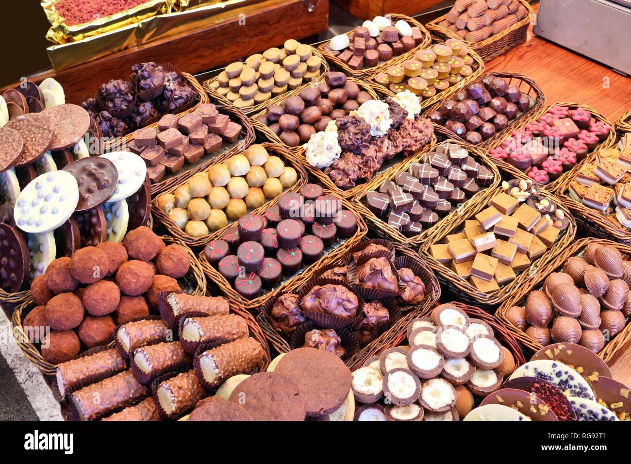 Confectionery shop at Boqueria market in Barcelona, Spain. Assorted