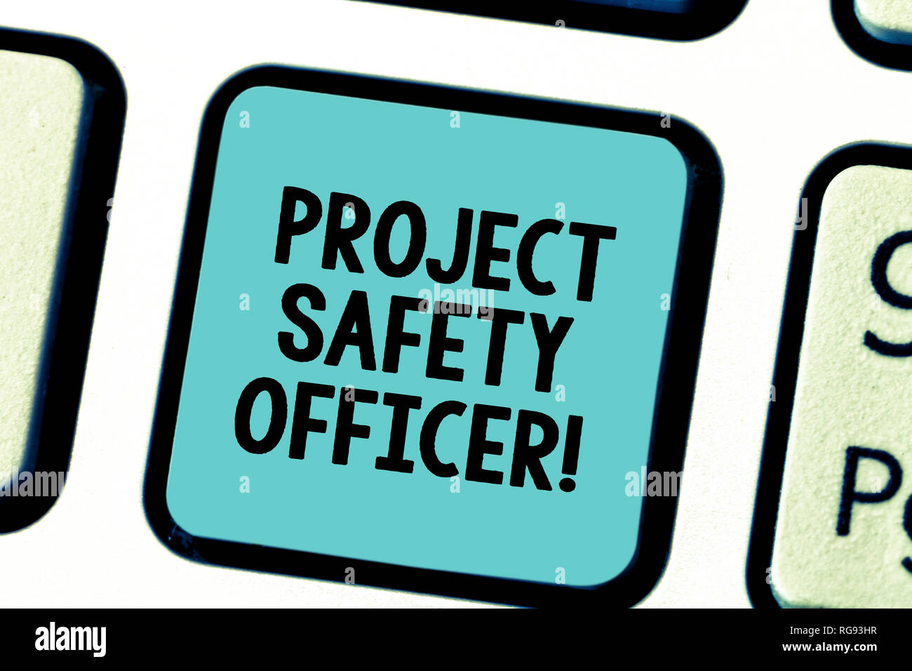 Text sign showing Project Safety Officer. Conceptual photo Responsible for monitoring and assessing unsafe zones Keyboard key Intention to create comp Stock Photo
