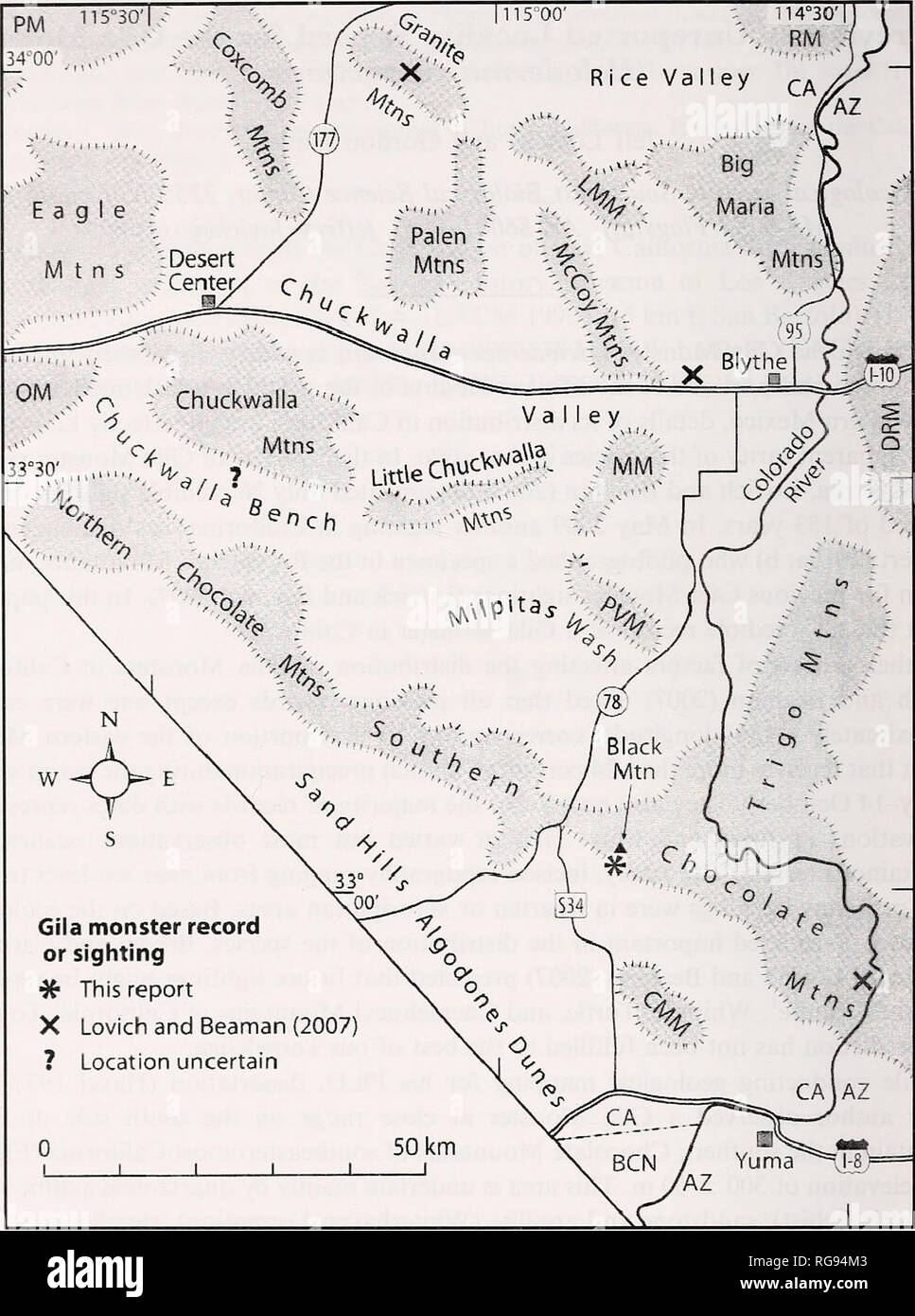 . Bulletin - Southern California Academy of Sciences. Science. 60 SOUTHERN CALIFORNIA ACADEMY OF SCIENCES. Fig. 1. The five Gila Monster records and sightings in the southeast corner of California. CMM, Cargo Muchacho Mountains; DRM, Dome Rock Mountains; LMM, Little Maria Mountains; MM, Mule Mountains; OM, Orocopia Mountains; PM, Pinto Mountains; PVM, Palo Verde Mountains; RM, Riverside Mountains. easting and northing, the UTM zone is 11, and the datum is NAD 27). This area, in the Quartz Peak 7.5' quadrangle (1988), is « 2 km south-southwest of the prominent cluster of communications towers o Stock Photo