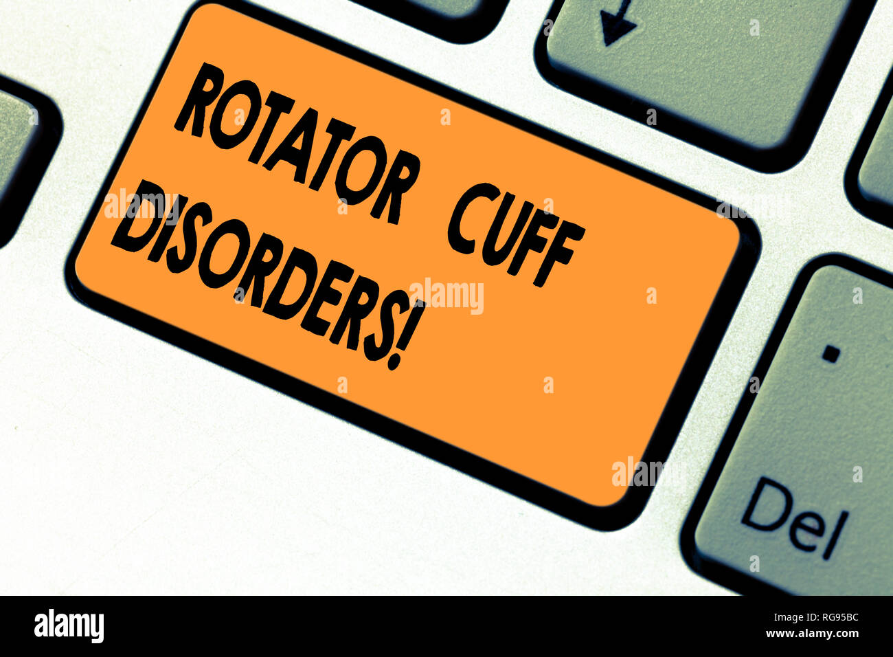 Text sign showing Rotator Cuff Disorders. Conceptual photo tissues in the shoulder get irritated or damaged Keyboard key Intention to create computer  Stock Photo