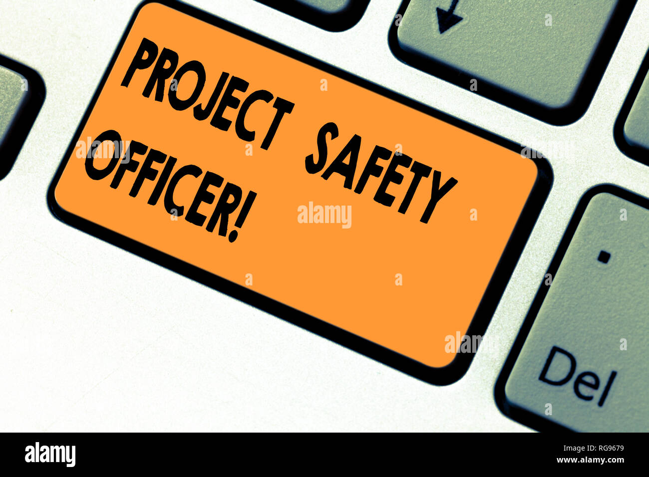 Text sign showing Project Safety Officer. Conceptual photo Responsible for monitoring and assessing unsafe zones Keyboard key Intention to create comp Stock Photo