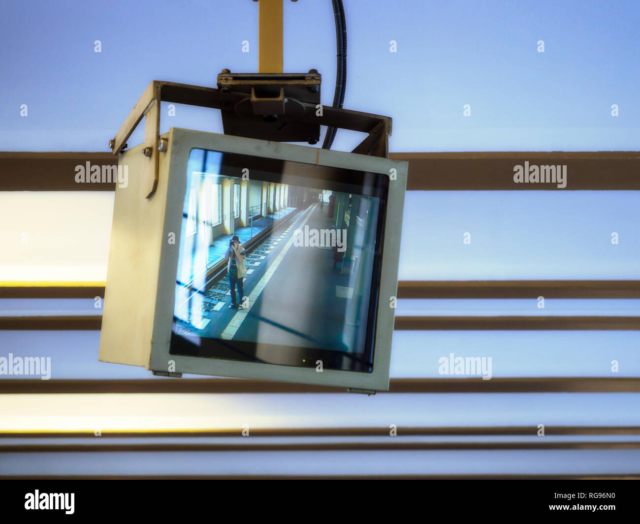 Germany, Berlin, Screen from video surveillance, photograper at S-bahn station Stock Photo
