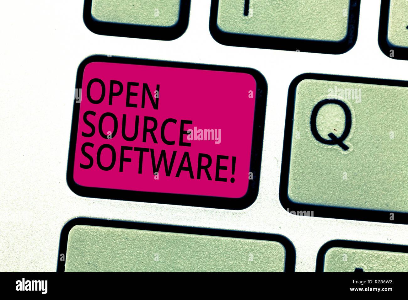 Handwriting text Open Source Software. Concept meaning software with source code that anyone can modify Keyboard key Intention to create computer mess Stock Photo