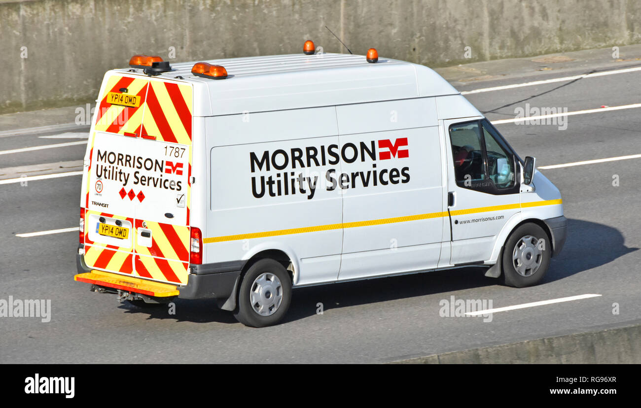 Morrison Utilty Services undertaking street works infrastructure & excavations for electricity gas water & telecom networks van driving on UK motorway Stock Photo