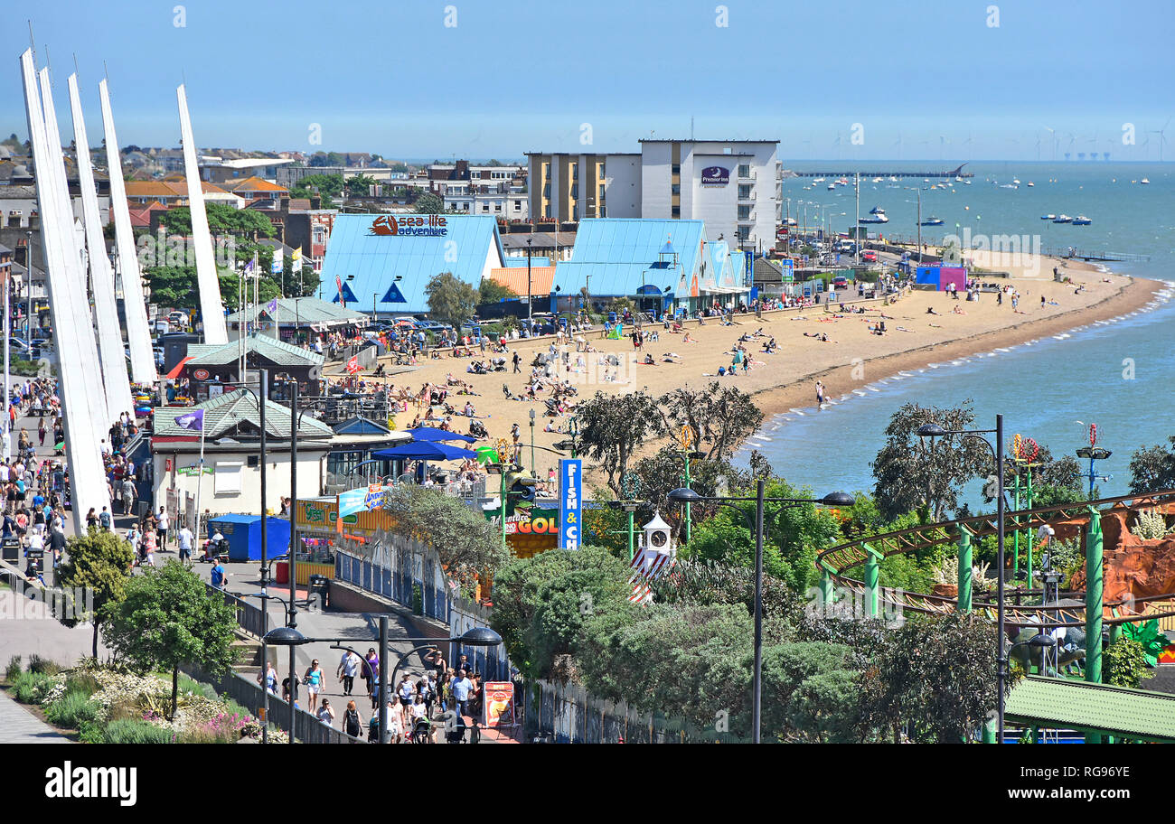 Southend on sea holiday seaside resort looking down view from above at waterfront beach & fairground promenade Thames Estuary Essex coast England UK Stock Photo