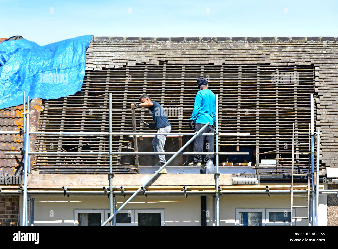 Builder workers on scaffolding removing roof tiles & timber in preparation for new dormer attic room in loft of terraced house Romford East London UK Stock Photo