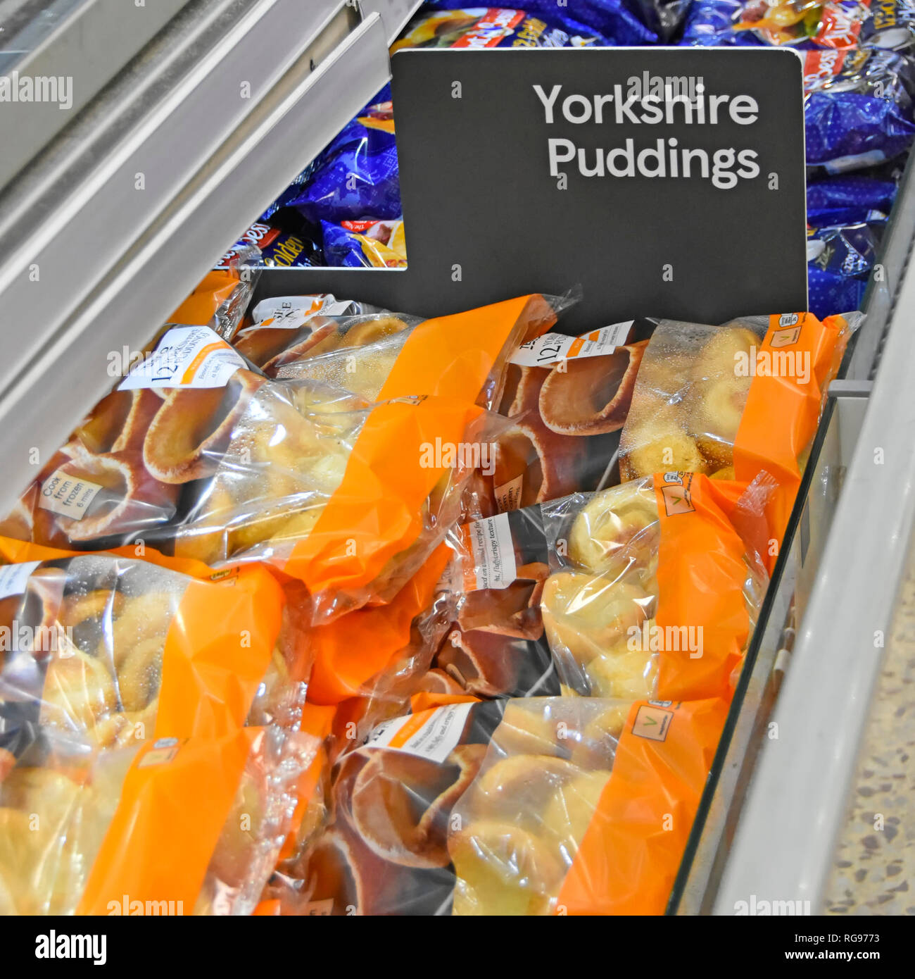 Close up of sign for Yorkshire Pudding for sale in plastic bag packaging in frozen food supermarket store self service cold display cabinet England UK Stock Photo