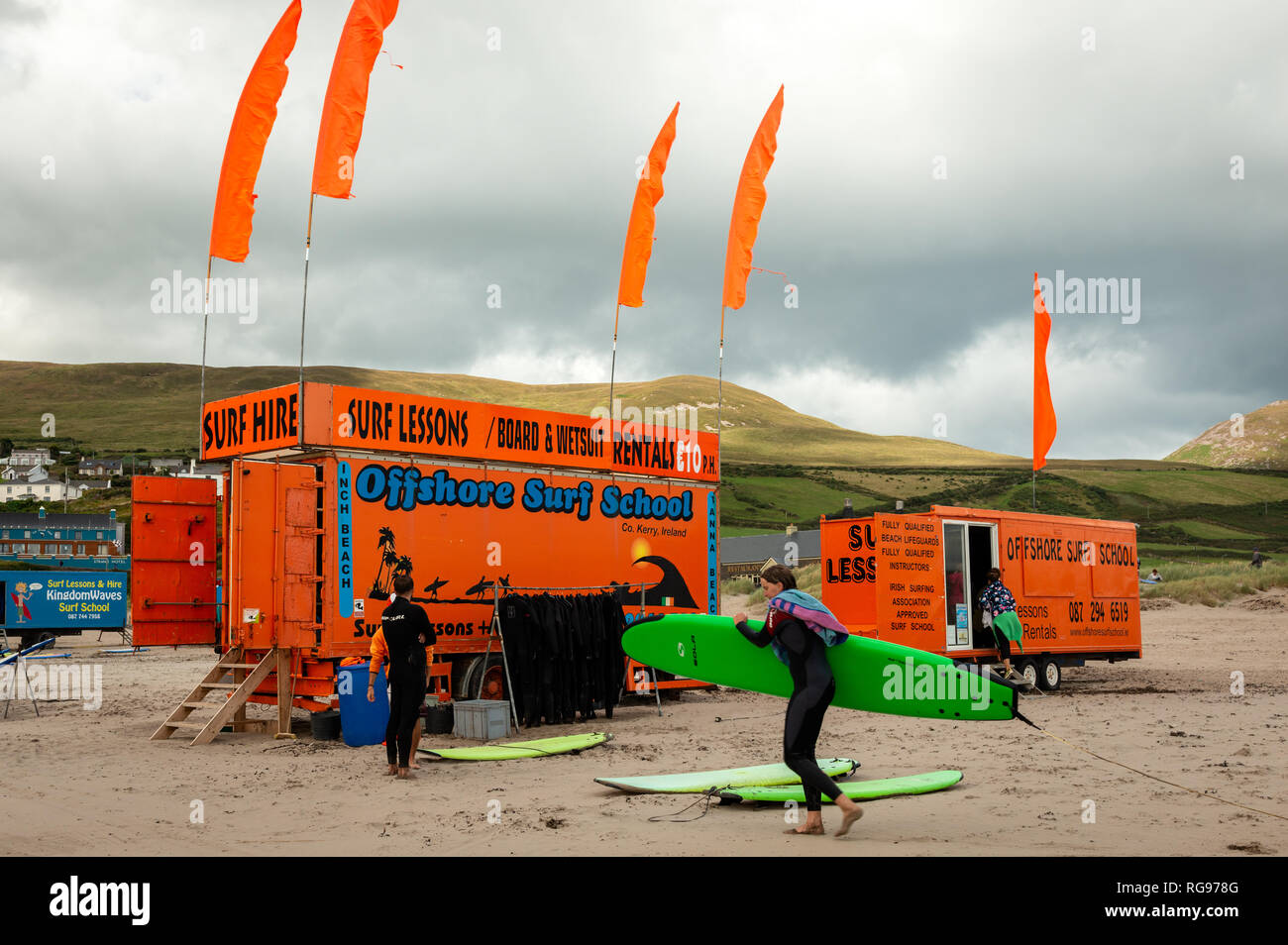 Orange surf school and surf hire rentals beach cabin at Inch Beach, County Kerry, Ireland Stock Photo