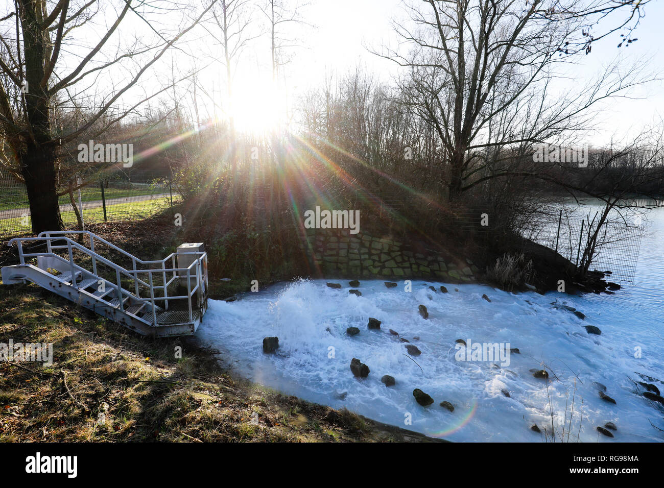 Bochum, Ruhr area, North Rhine-Westphalia, Germany - Waterinflow of mine water, the mineral rich shaft water from the closed mine Robert Mueser is led Stock Photo