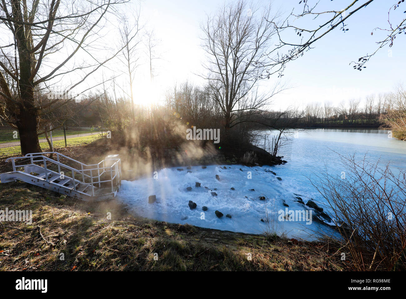 Bochum, Ruhr area, North Rhine-Westphalia, Germany - Waterinflow of mine water, the mineral rich shaft water from the closed mine Robert Mueser is led Stock Photo