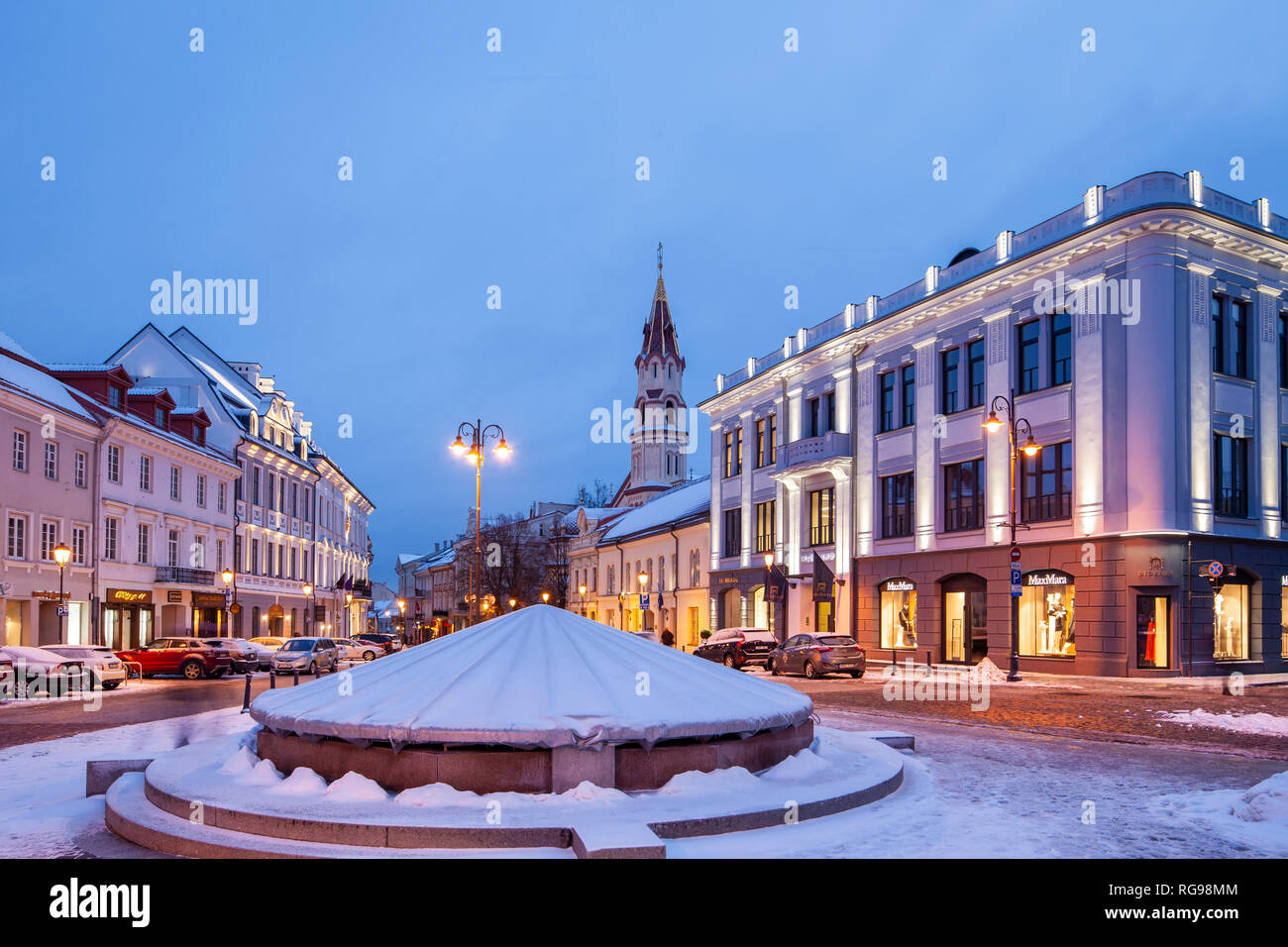 Dawn at the town hall square in Vilnius old town, Lithuania. Stock Photo