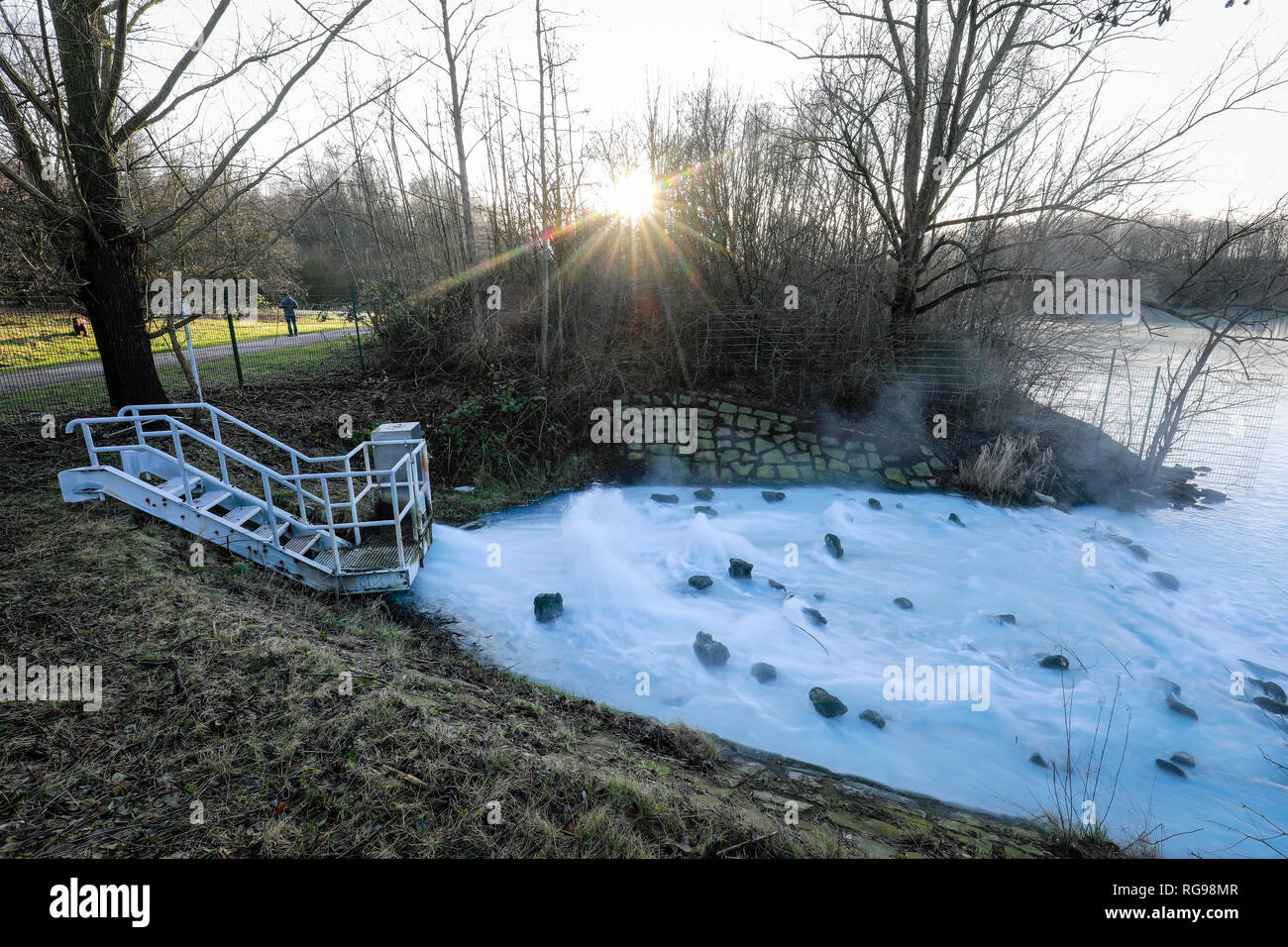 Bochum, Ruhr area, North Rhine-Westphalia, Germany - Waterinflow of mine water, the mineral rich shaft water from the closed mine Robert Mueser is led Stock Photo