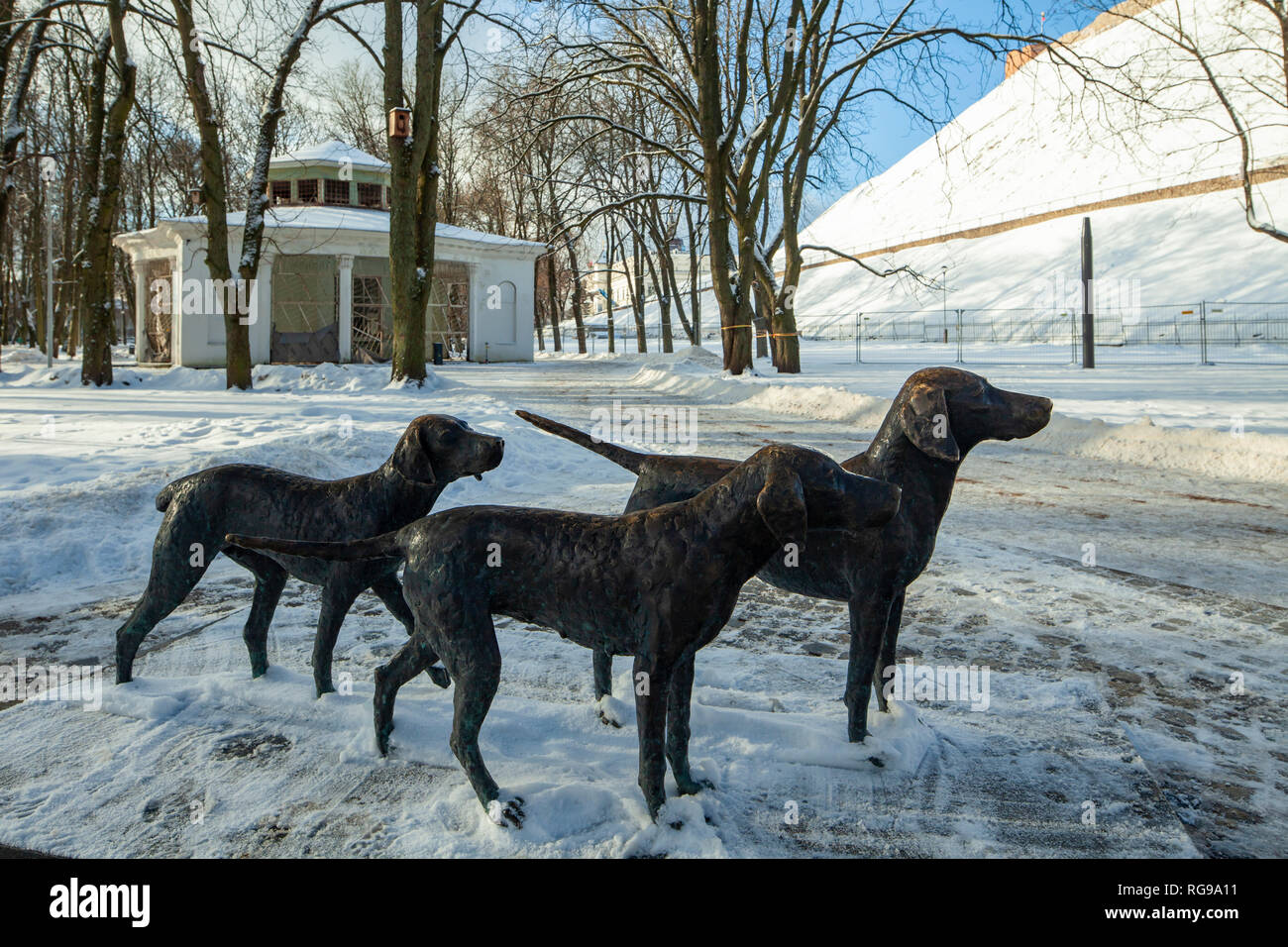 Dogs statue in the park, Vilnius, Lithuania. Stock Photo