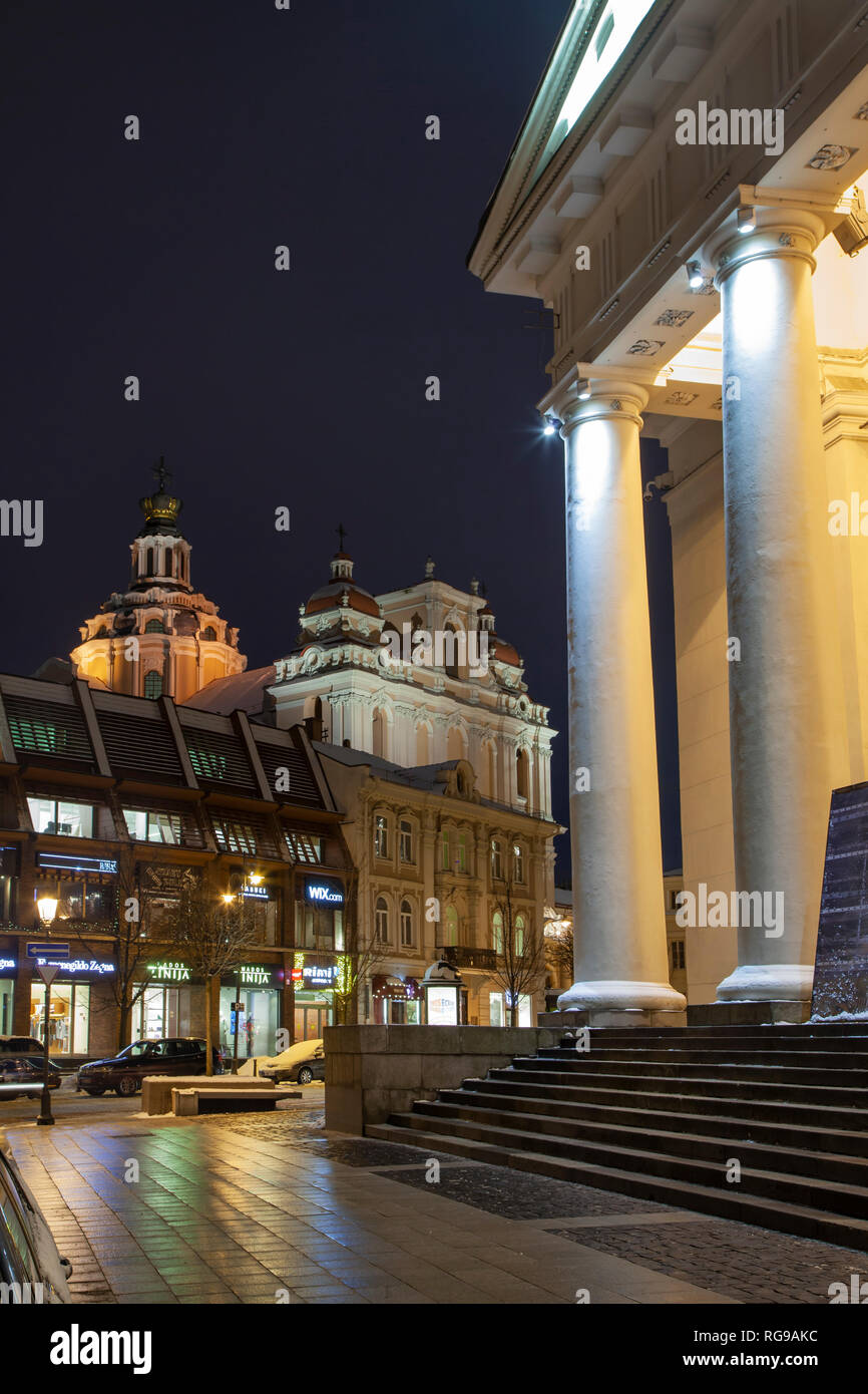 Winter night at the entrance to Vilnius city hall in Lithuania. Stock Photo