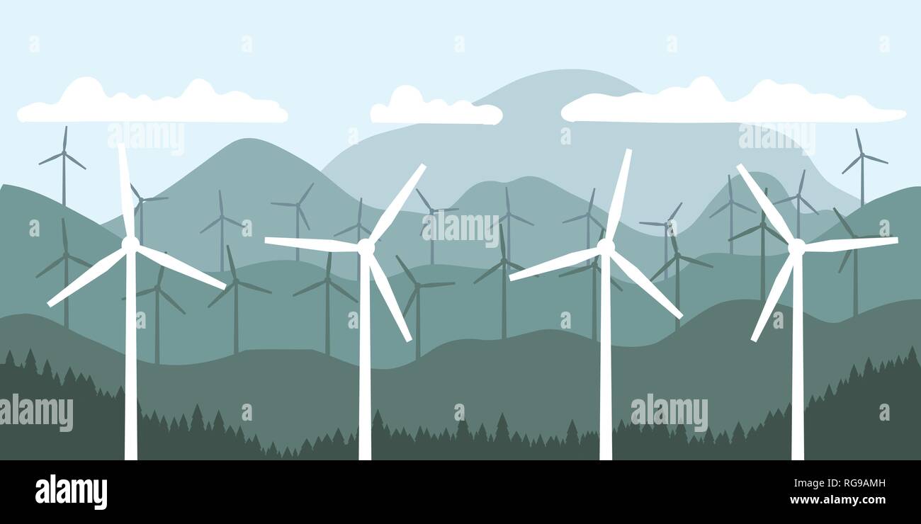 Renewable energy source - wind turbine landscape vector illustration ...