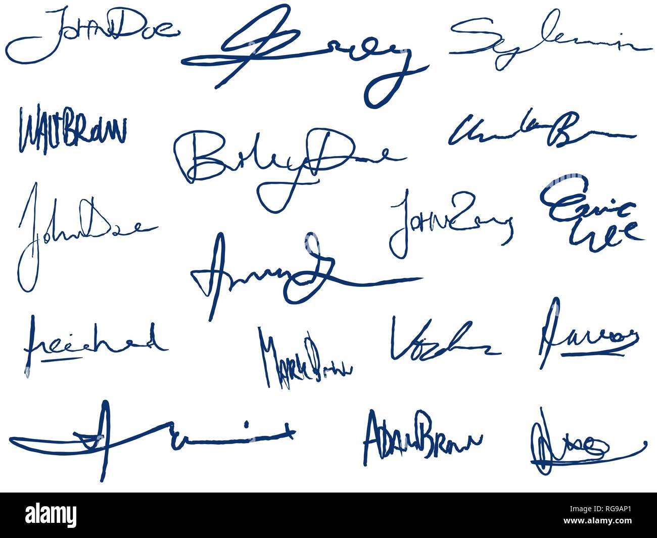 Collection of handwritten signatures. Personal contract fictitious ...