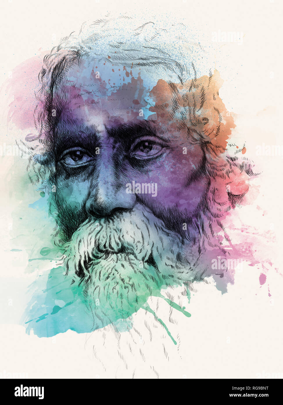 Rabindranath Tagore  A Great Indian Poet and Writer Colourful Illustration Drawing Stock Photo