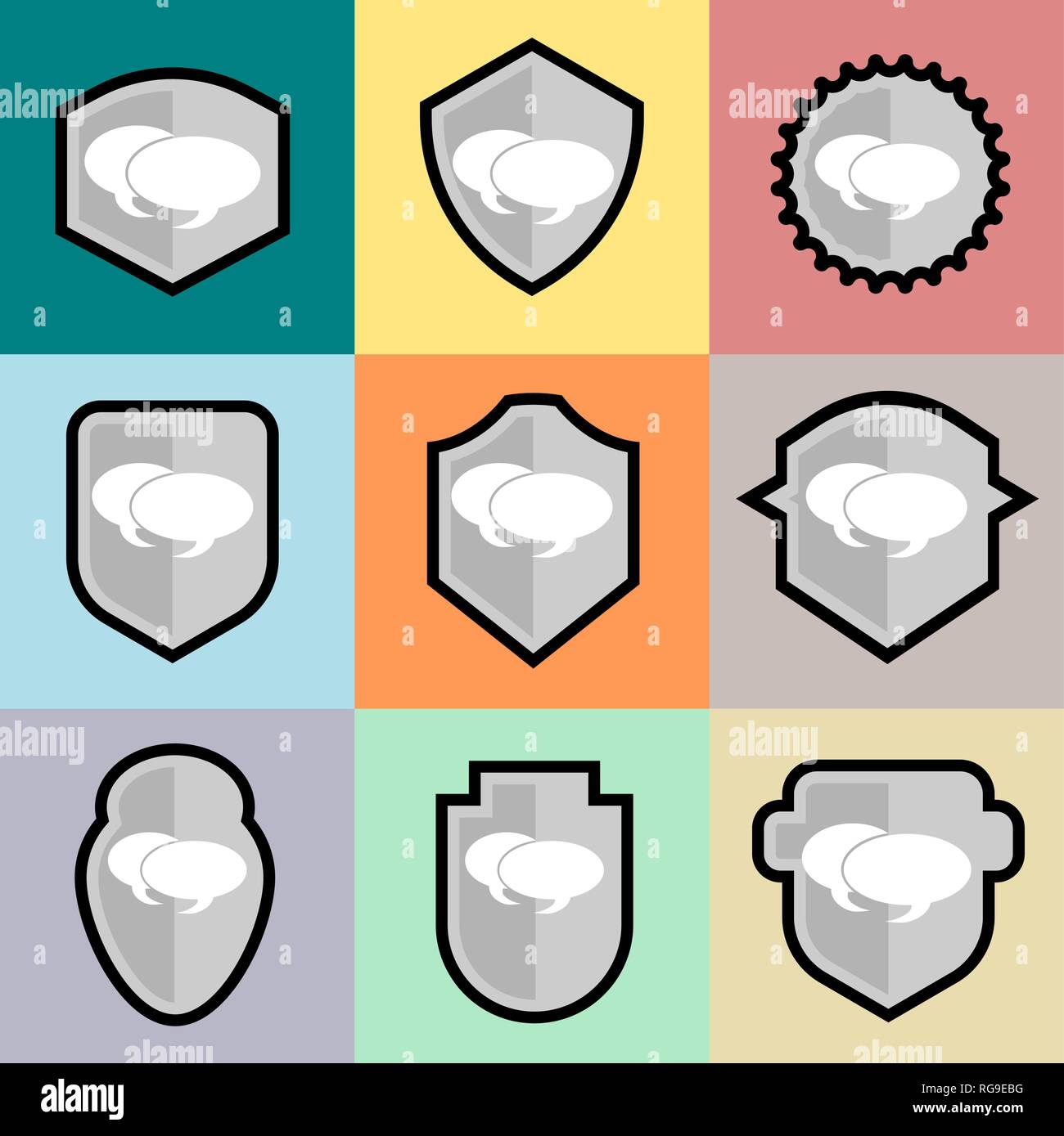 Flat style protective shields or badges with a communication icon, vector illustration Stock Vector