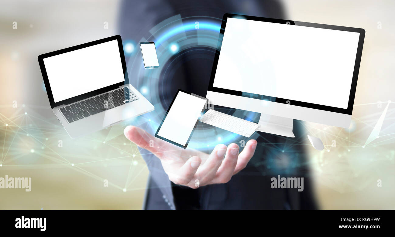 businessman hand with digital devices mockup Stock Photo