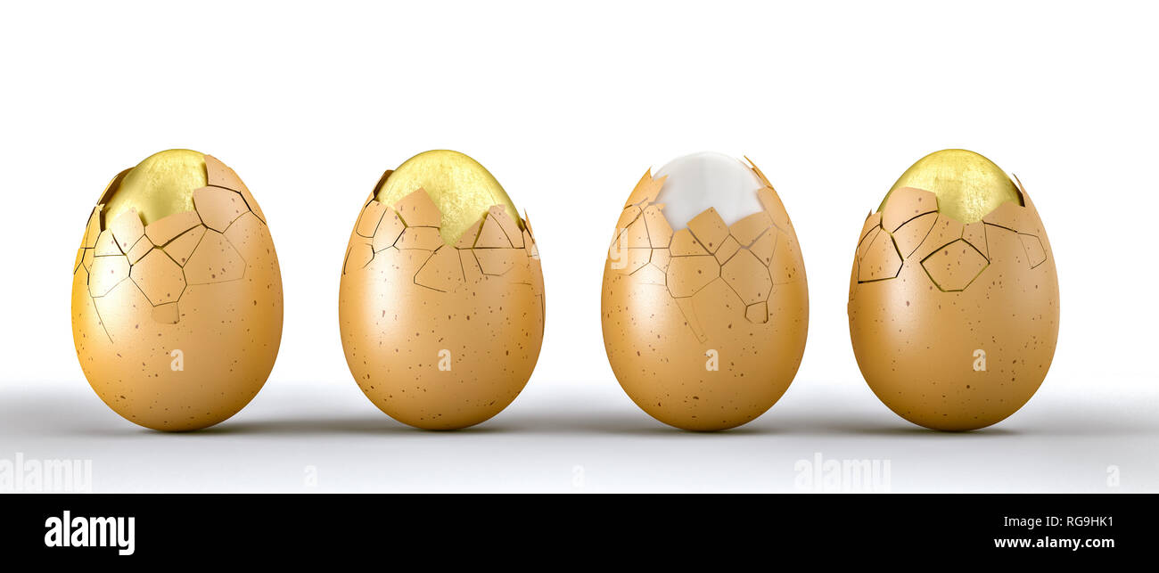 3d rendering of 3 golden and one natural eggs Stock Photo