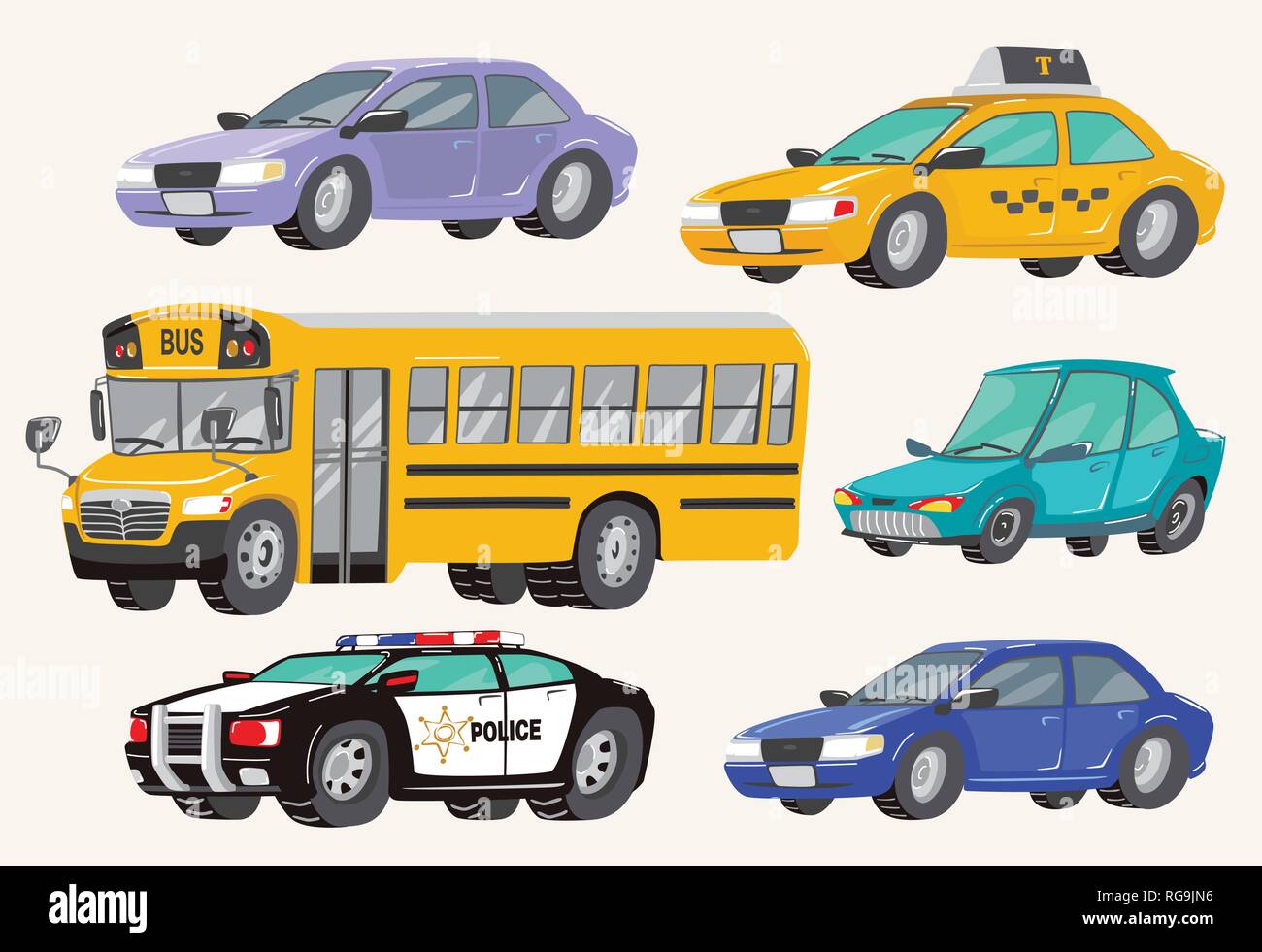 Set of Toy Vehicles. Special Machines, police car, Cars, school bus, city bus. Toy Cars. Vector Illustration Stock Vector